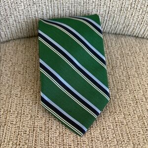 Brooks Brothers silk necktie featuring a green base with blue and white stripes